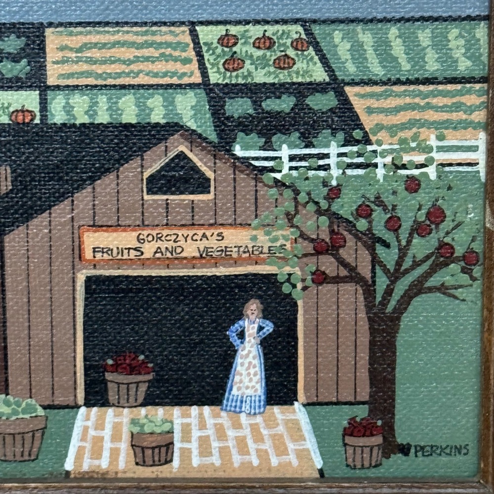 Donna Perkins Folk Art Framed Painting Farm Stand Cottagecore Americana VTG